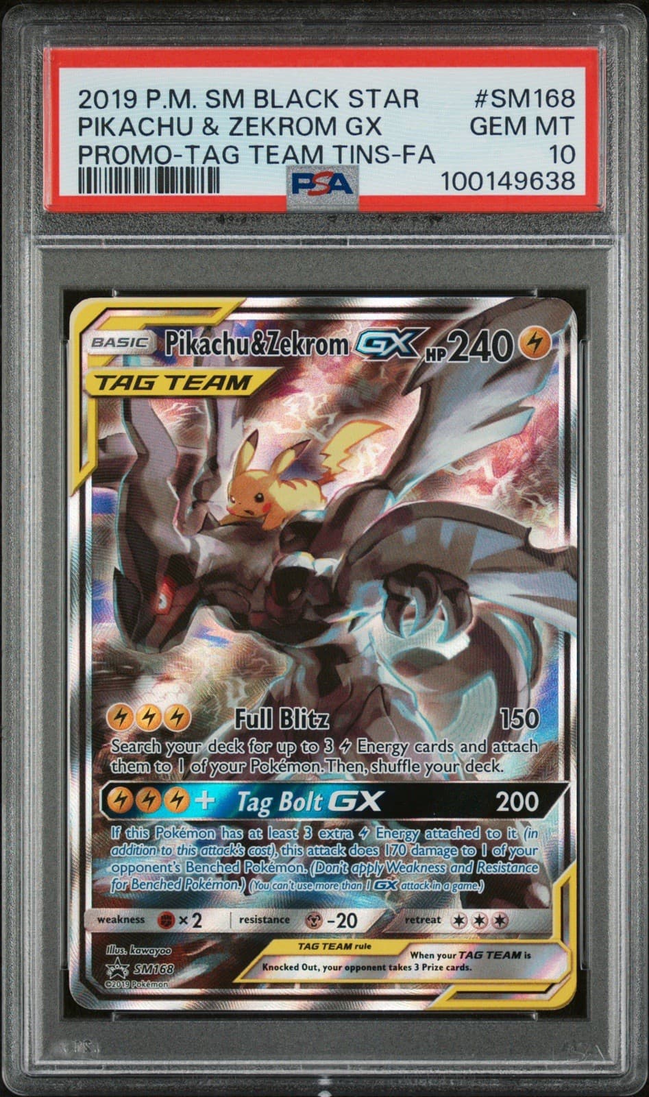 2019 POKEMON PIKACHU & ZEKROM GX PROMO TT TINS-FA SM BLACK STAR #SM168 PSA 10