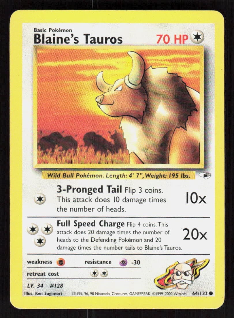 Pokemon Blaine's Tauros 64/132 Unlimited Common Gym Heroes (MP)