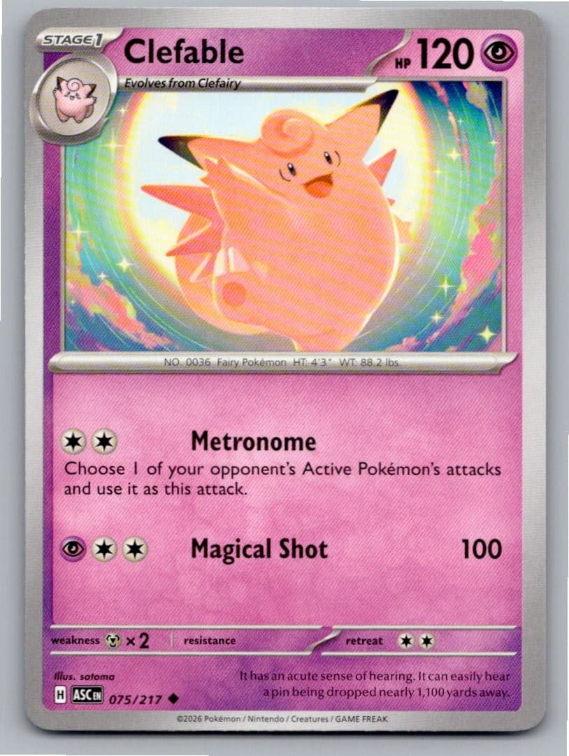 2026 POKEMON CLEFABLE ASCENDED HEROES 075/217 UNCOMMON NM A52486 FREE S&H