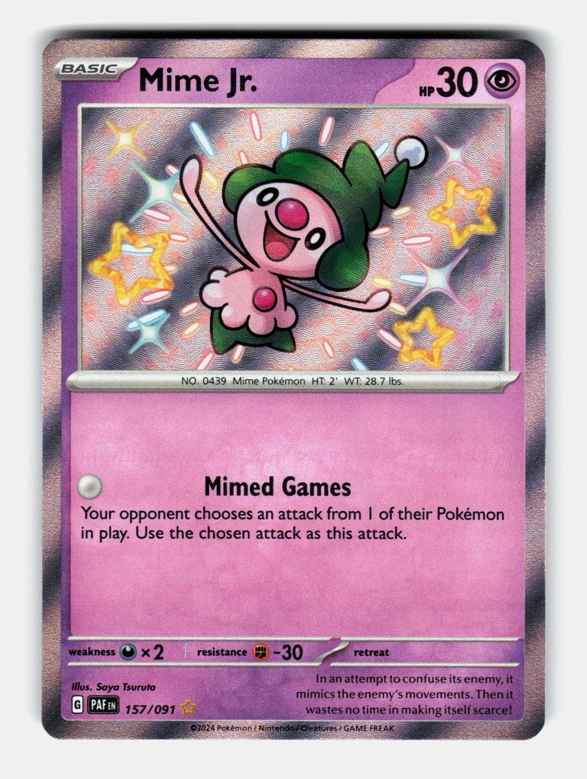 Mime Jr. 157/091 Shiny Rare Paldean Fates Pokemon Holo Near Mint