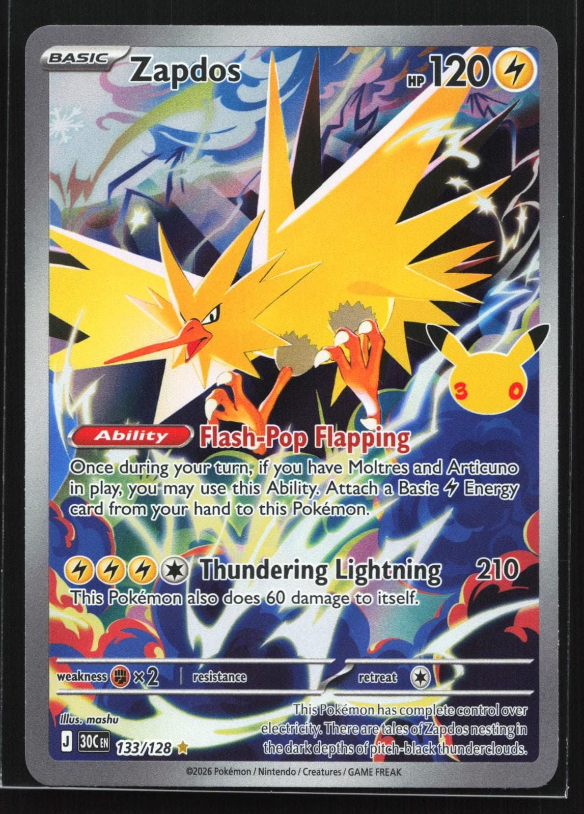 Zapdos 133/128 ME: 30th Celebration Illustration Rare Holo Pokemon Card