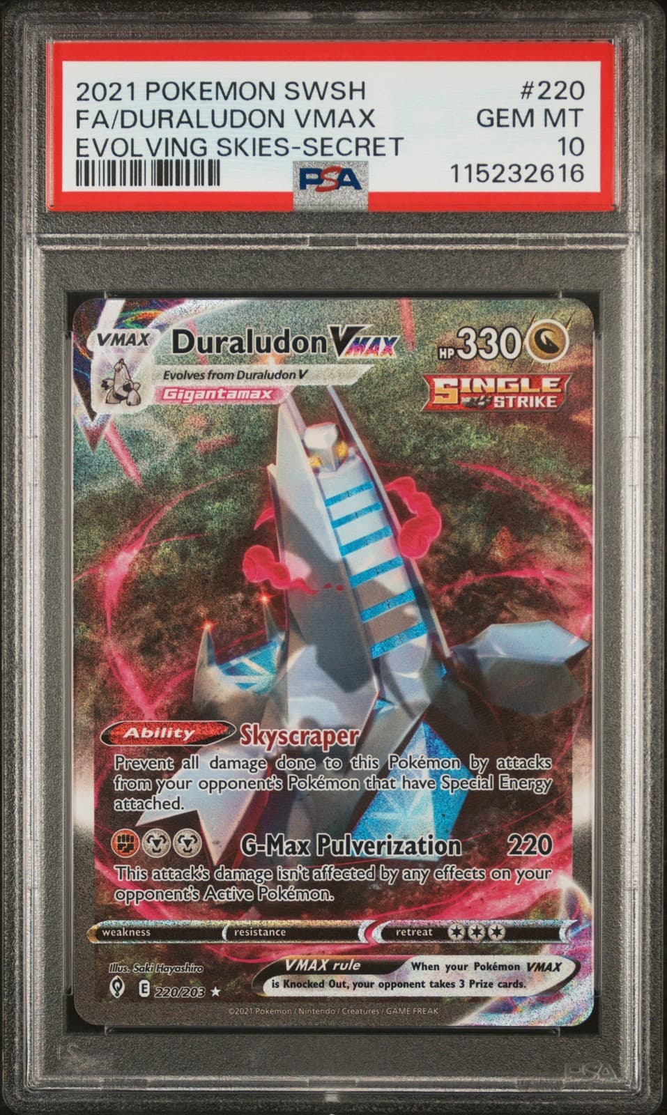 PSA 10 Duraludon VMAX (Alt Art) 220/203 Evolving Skies Secret Rare Pokemon Card