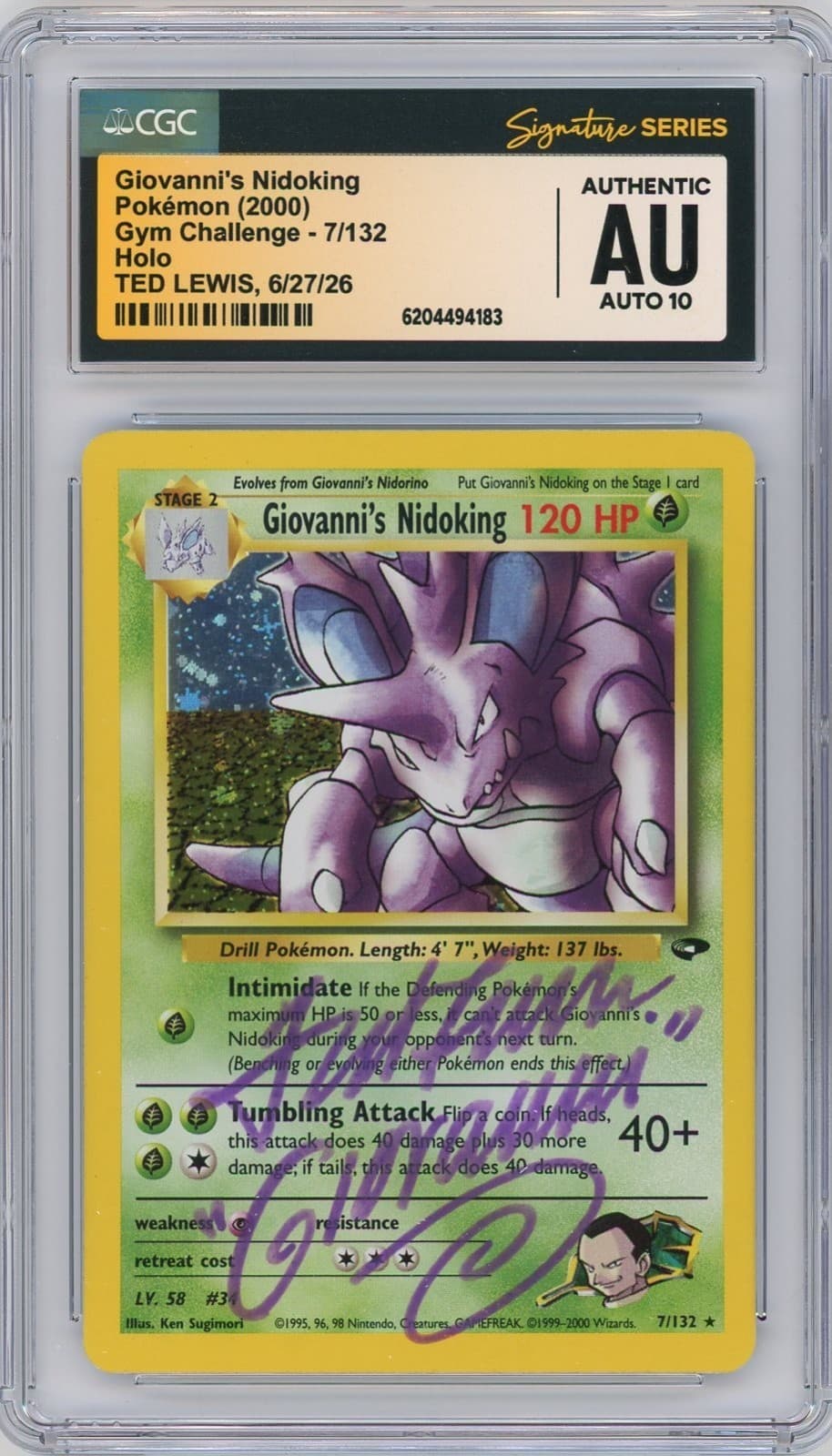 CGC AUTH AUTO 10 Ted Lewis SIGNED Giovanni's Nidoking 7/132 Gym Challenge Holo