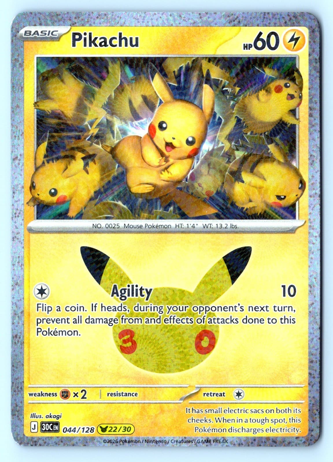 Pikachu 44/128 30th Celebration Holo Pokemon NM