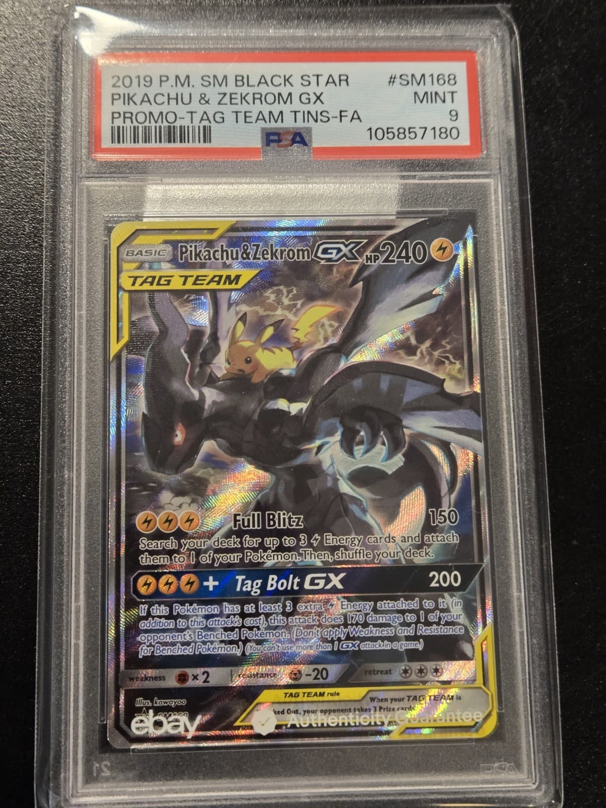 PSA 9 Pikachu & Zekrom GX SM168 Sm Holo Tag Team Mint Promo