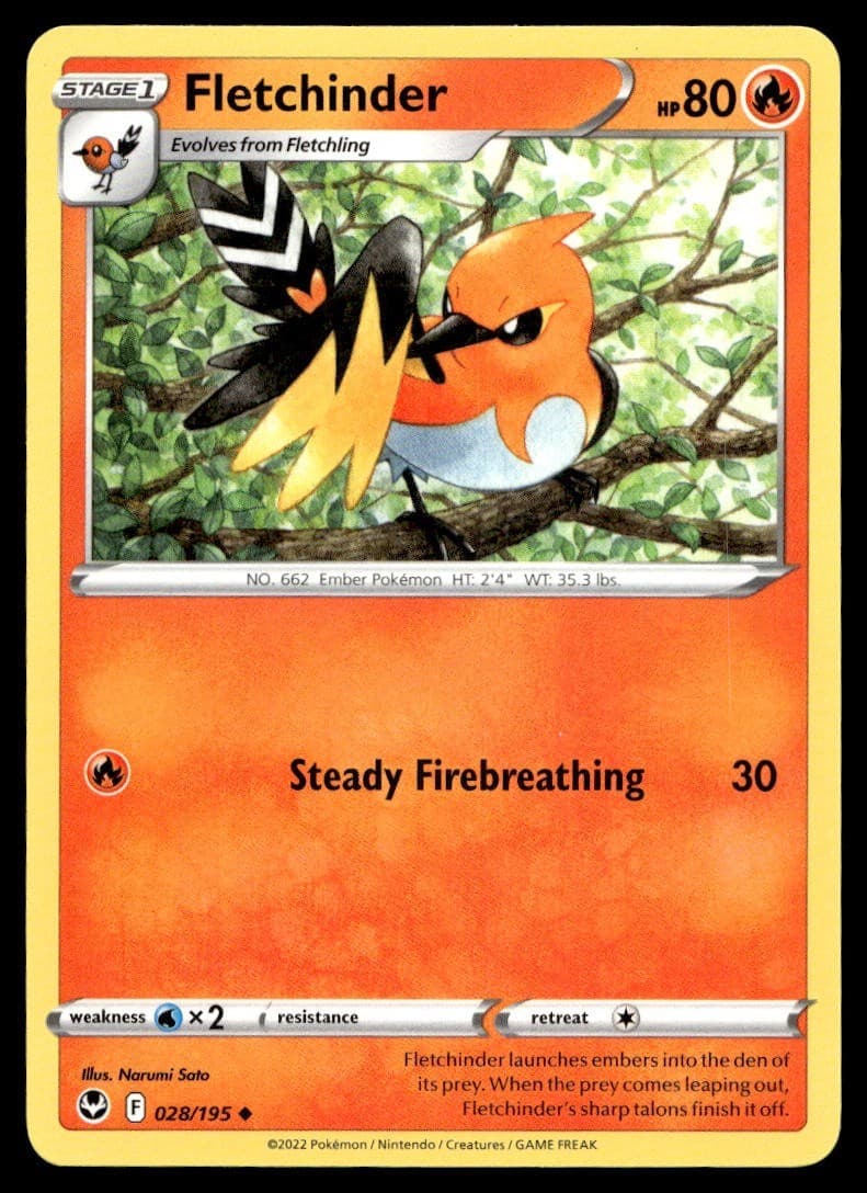 Fletchinder 28/195 Pokemon Card Silver Tempest Uncommon 80 HP Near Mint MC