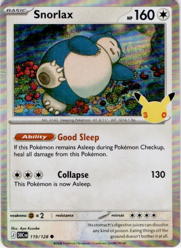 Snorlax 119/128 ME: 30th Celebration Pokemon Holo NM + 30th Sleeve