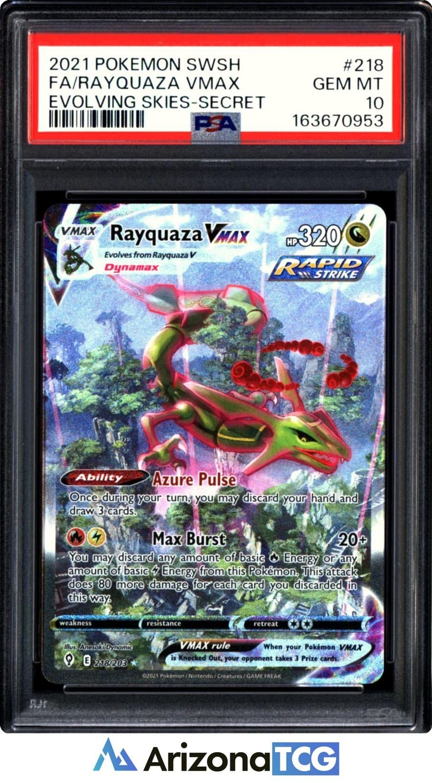 Pokemon 2021 Rayquaza VMAX 218/203 Alt Art Evolving Skies GEM MINT PSA 10