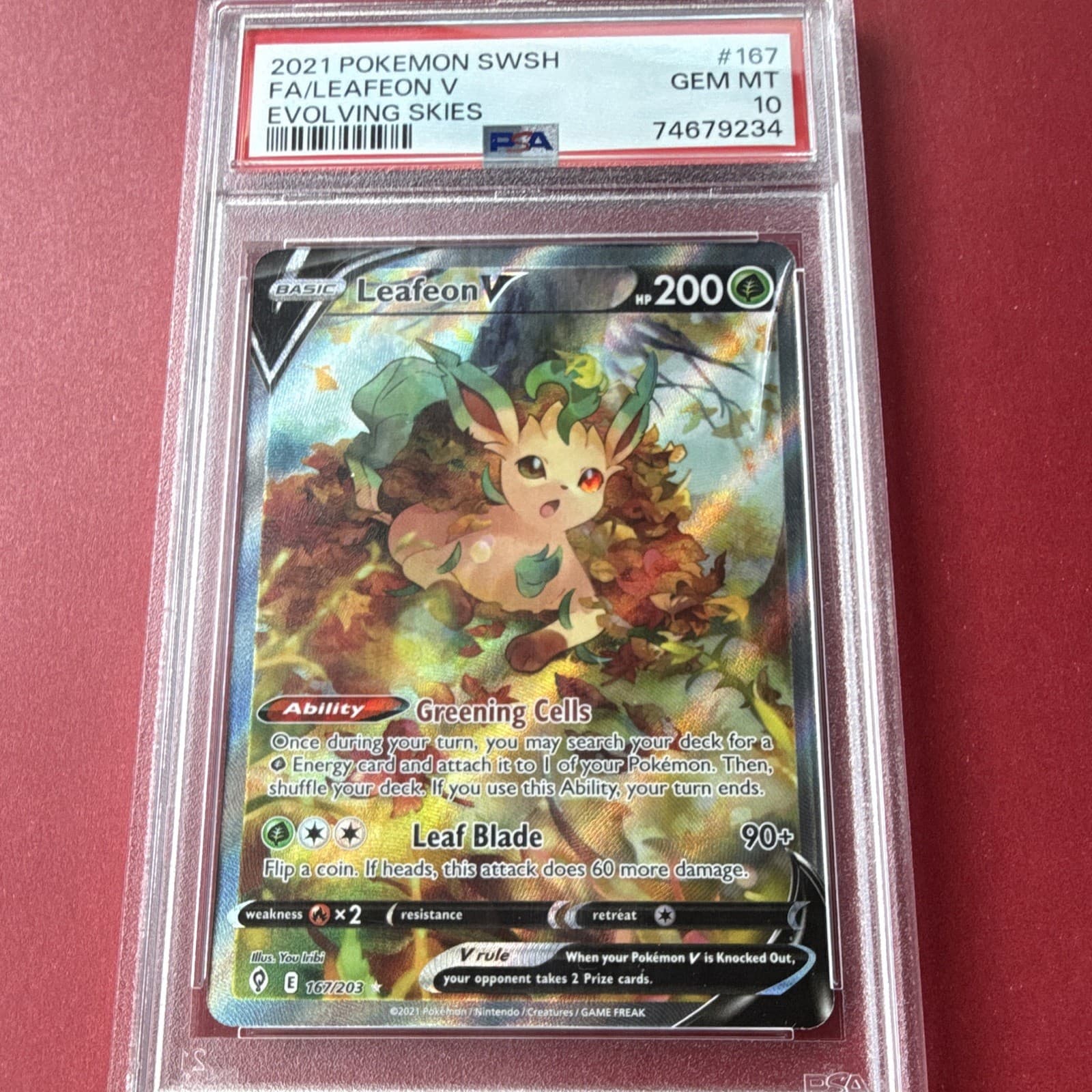 Pokemon TCG Leafeon V 167/203 SWSH07 Evolving Skies Alt Full Art Holo PSA 10