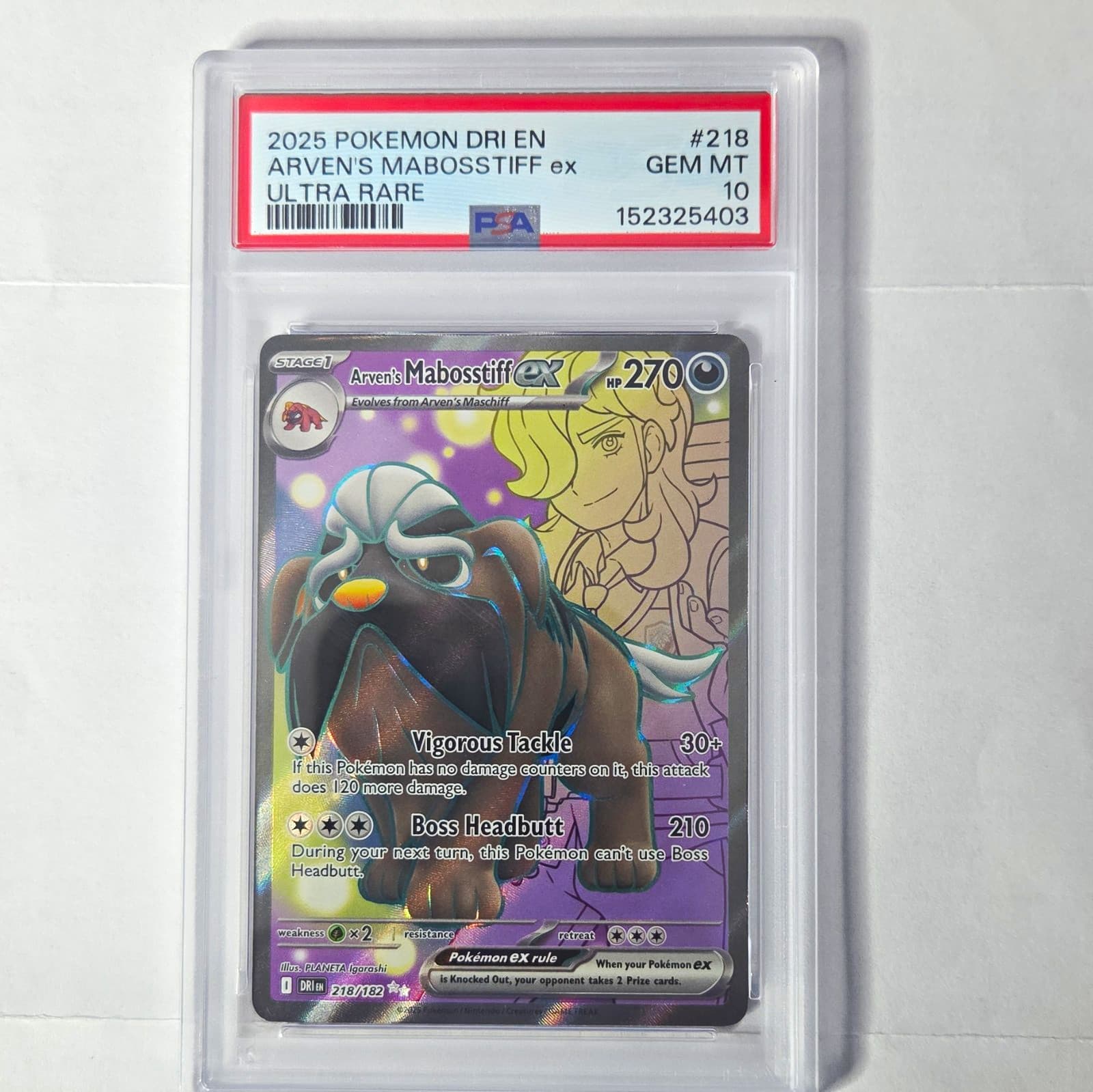 Sv10: Destined Rivals Arven's Mabosstiff ex 218/182 Ultra Rare Holo PSA 10 EN