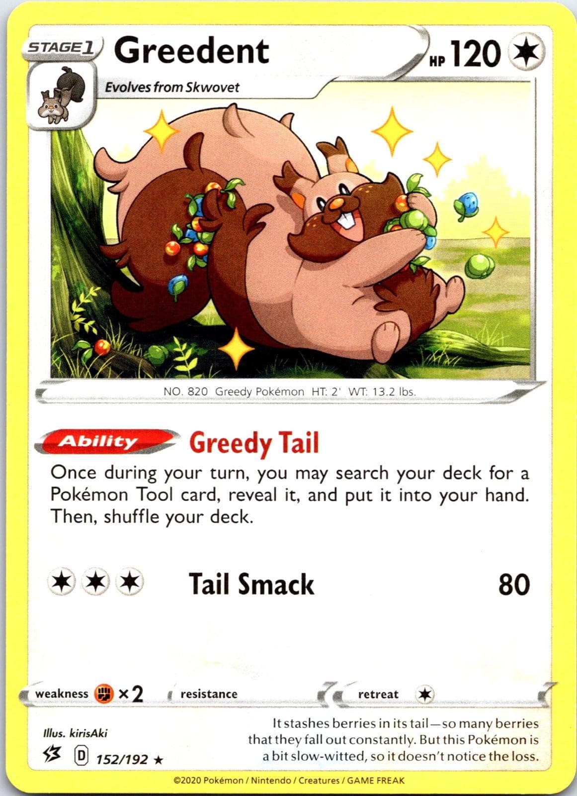 Greedent 152/192 Rare Rebel Clash Pokemon NM