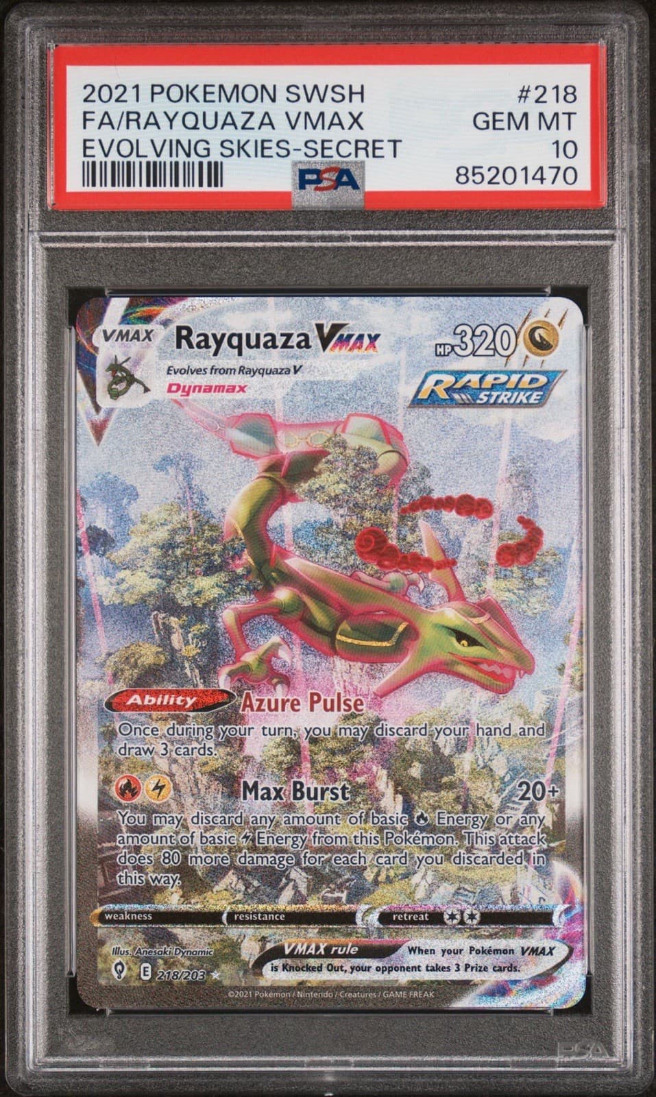 Pokemon Rayquaza VMAX Evolving Skies Secret Full Alt Art #218 PSA 10
