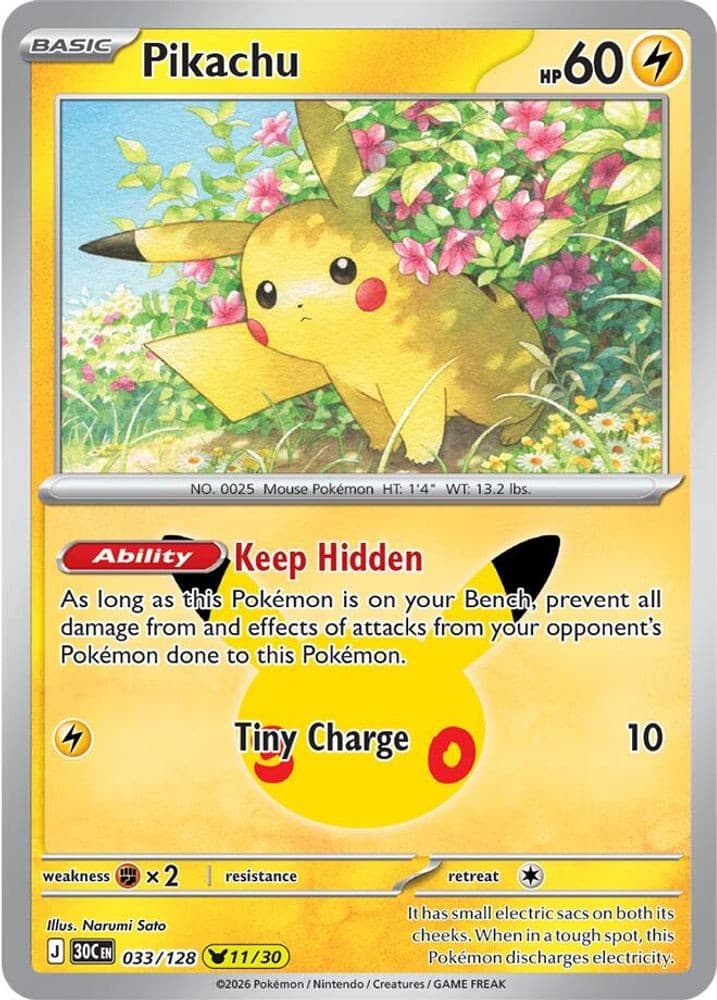 Pikachu 033/128 Holo Pikachu Rare ME: 30th Celebration Pokemon Near Mint