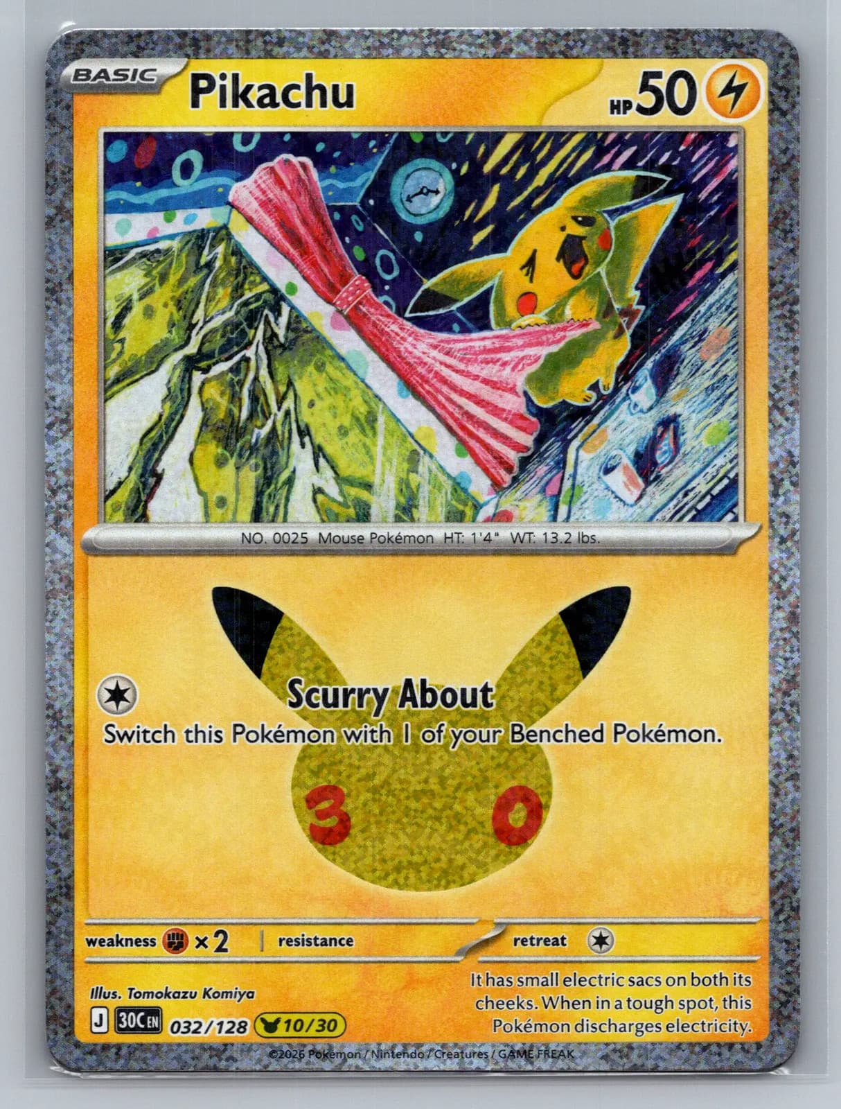 Pikachu 032/128 (10/30) 30th Celebration Holo Pokemon TCG NM