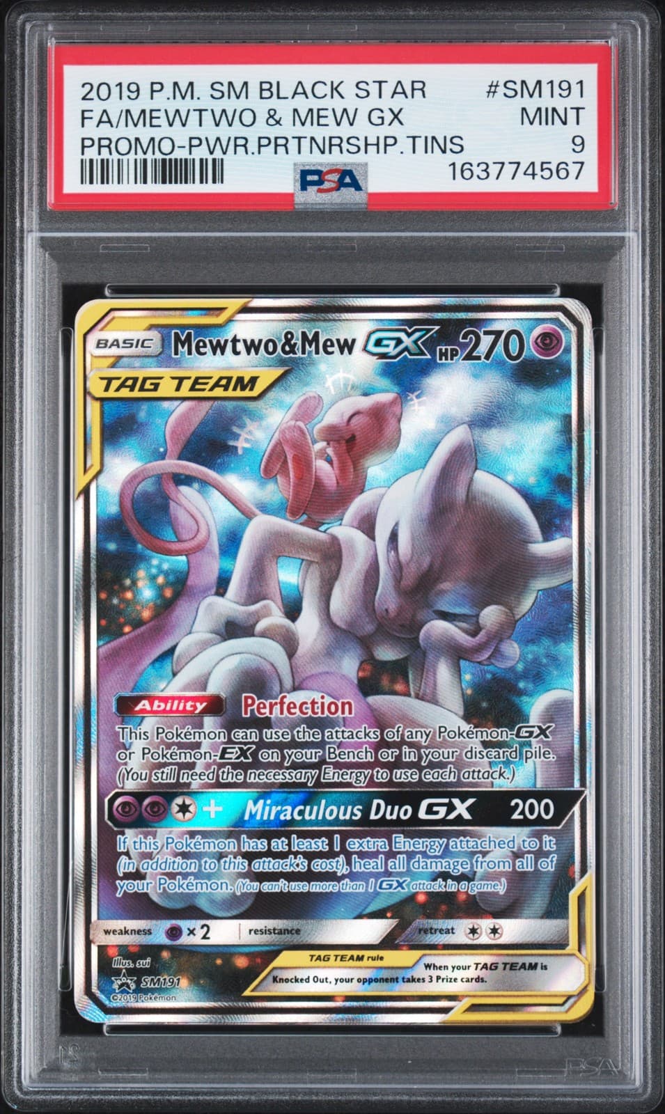 2019 POKEMON SM BLACK STAR PROMO #SM191 FULL ART/MEWTWO & MEW GX PSA 9