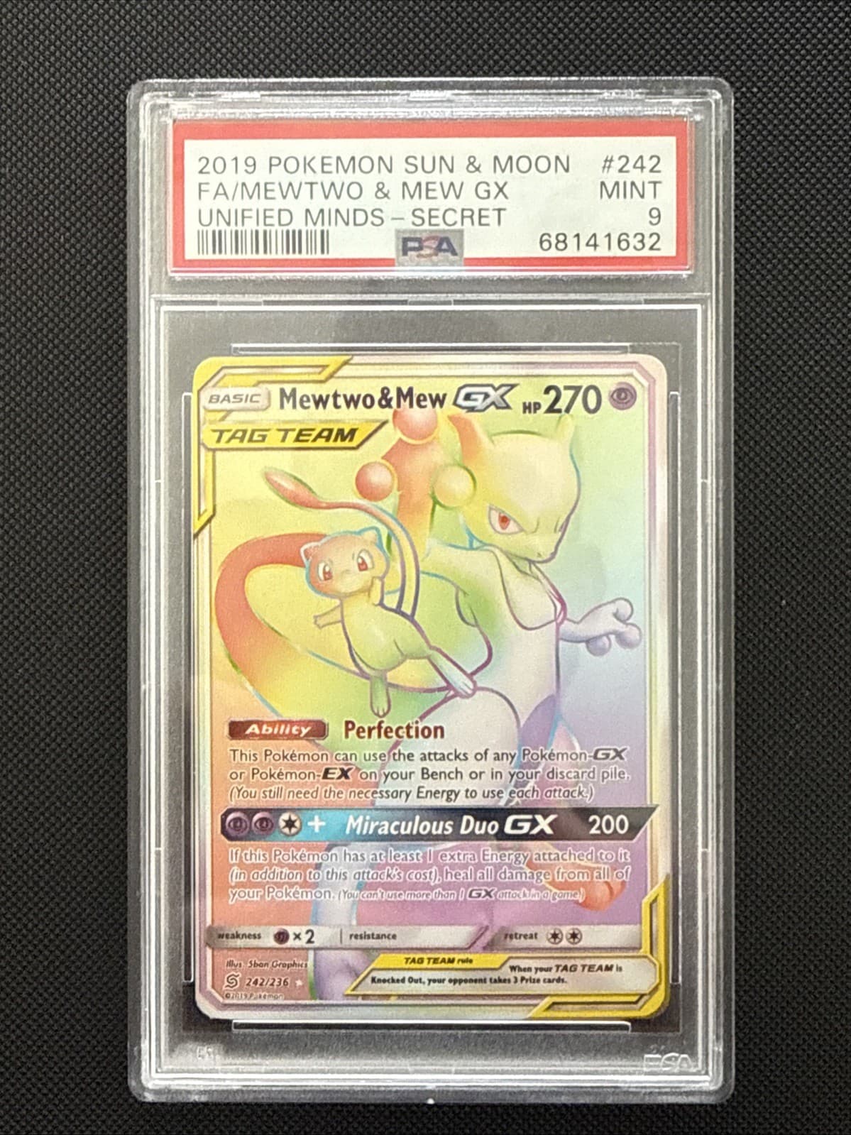 2019 Pokemon Sun & Moon Unified Minds Mewtwo & Mew GX Rainbow 242/236 PSA 9 Mint