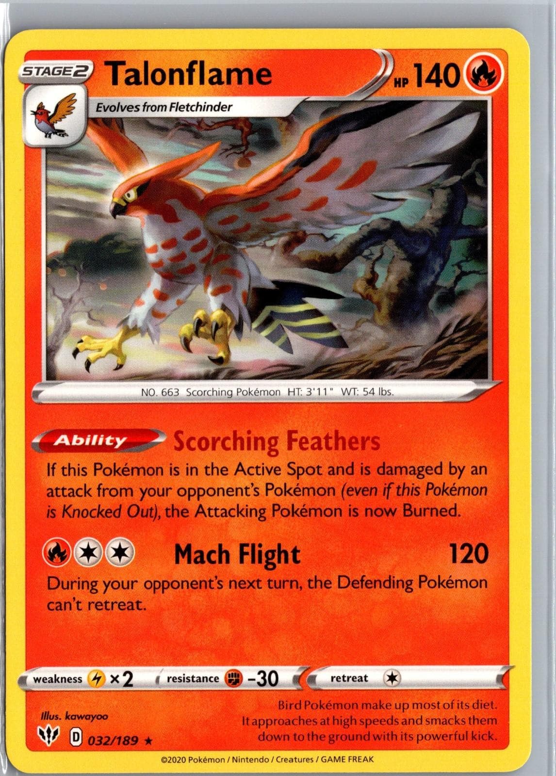 Talonflame 032/189 Rare Darkness Ablaze Pokemon Near Mint