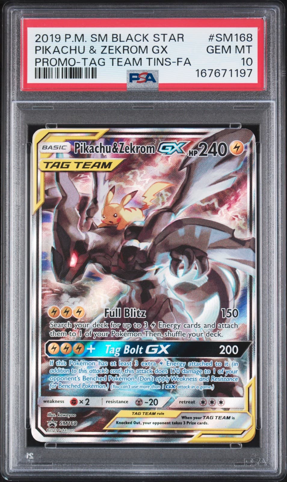 2019 POKEMON SM BLACK STAR PROMO #SM168 FULL ART/PIKACHU & ZEKROM GX PSA 10