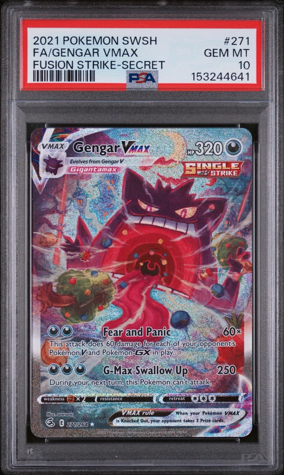2021 POKEMON FUSION STRIKE GENGAR VMAX #271/264 ALT ART SECRET RARE PSA 10