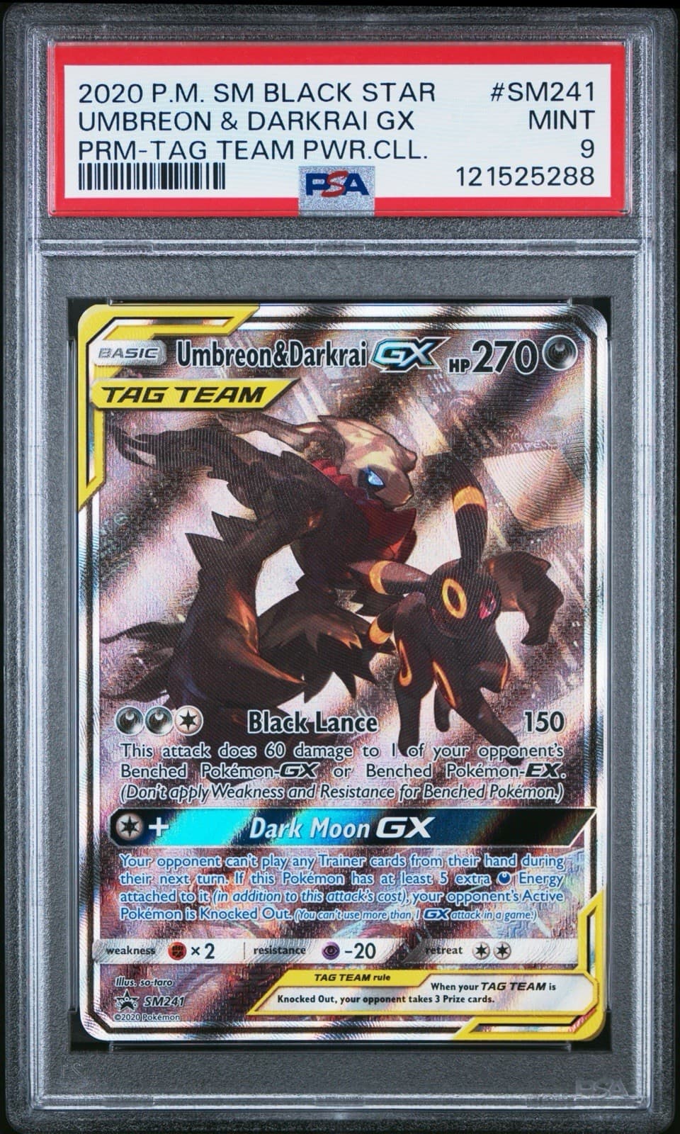 2020 POKEMON SM BLACK STAR PROMO #SM241 UMBREON & DARKRAI GX TAG TEAM PSA 9 MINT