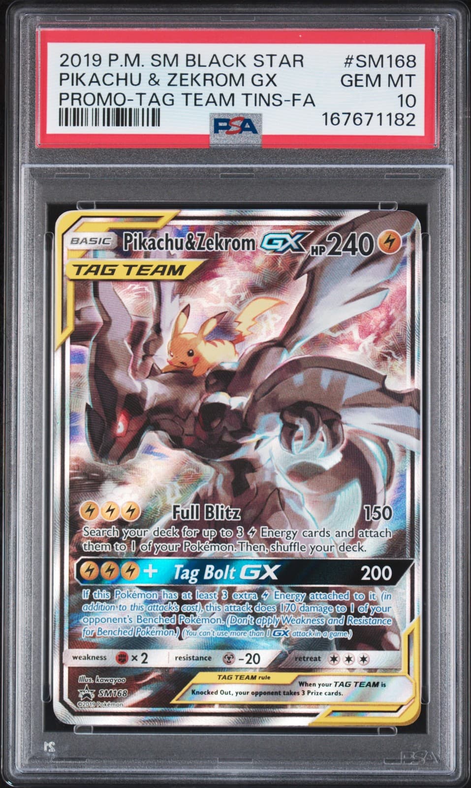 2019 POKEMON SM BLACK STAR PROMO #SM168 FULL ART/PIKACHU & ZEKROM GX PSA 10