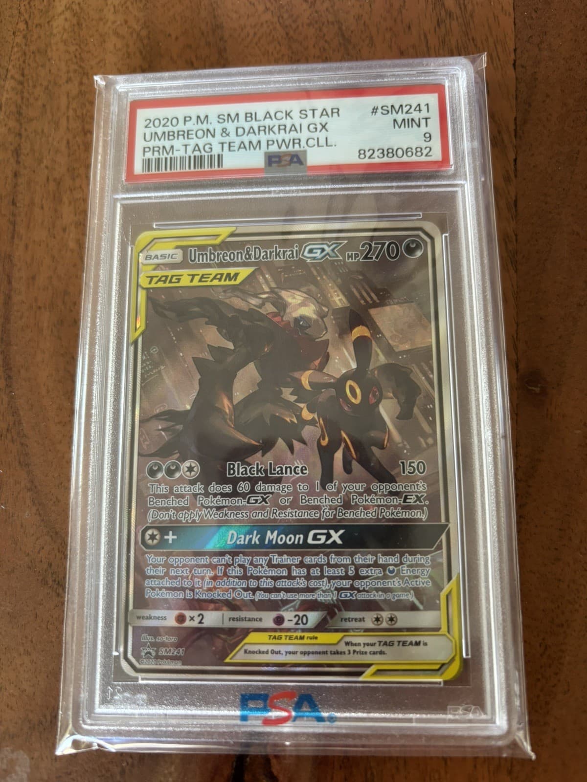 2020 POKEMON SM BLACK STAR PROMO #SM241 UMBREON & DARKRAI GX PSA 9