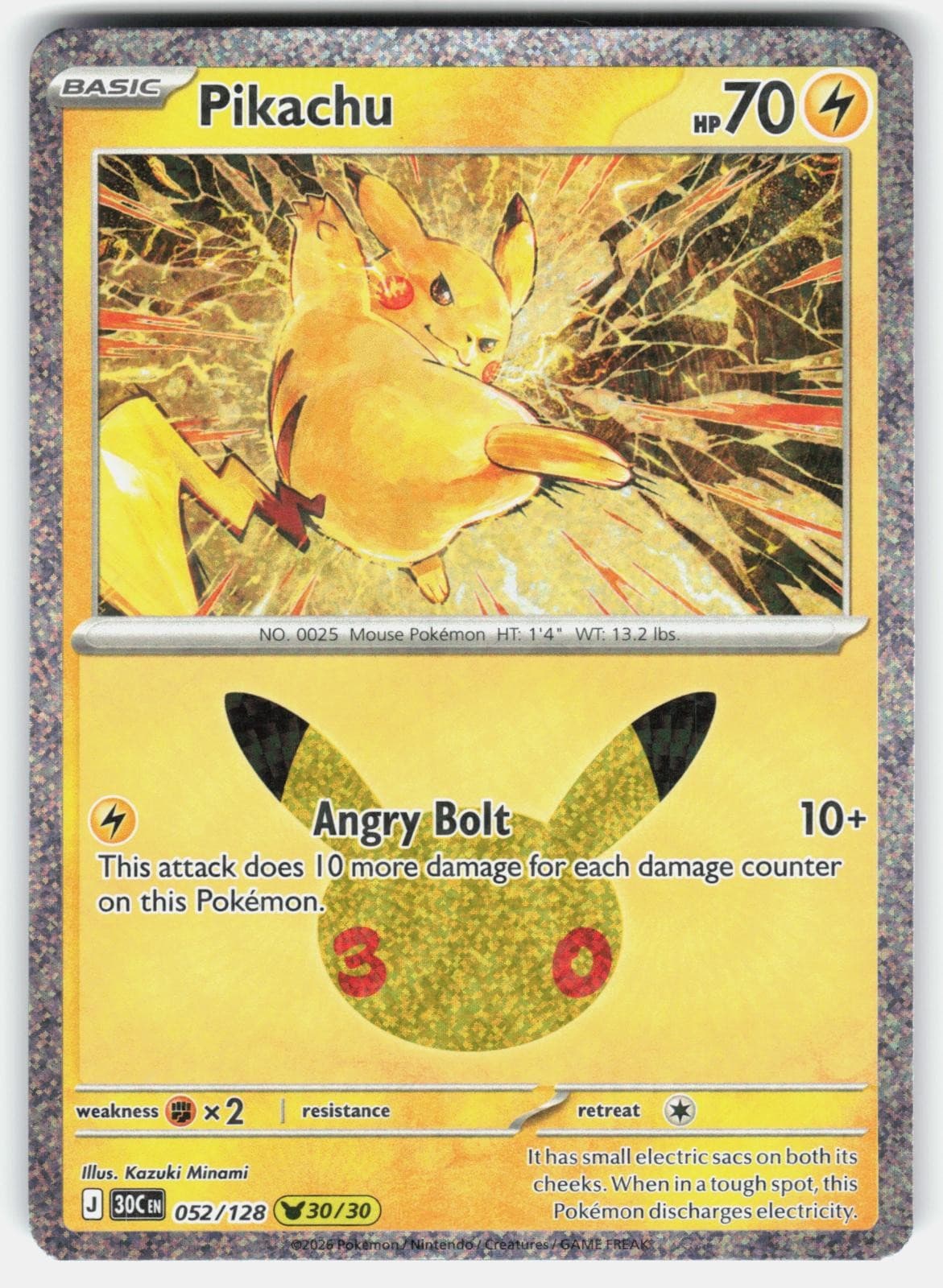 Pikachu 052/128 Holo Pikachu Rare ME: 30th Celebration Pokemon NM/M