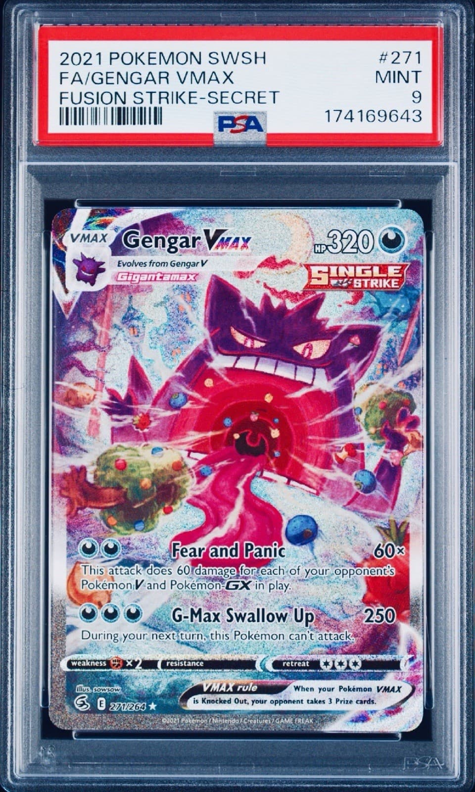 2021 Gengar VMAX 271/264 FA EN Swsh08: Fusion Strike Pokemon PSA 9 VERY CLEAN!