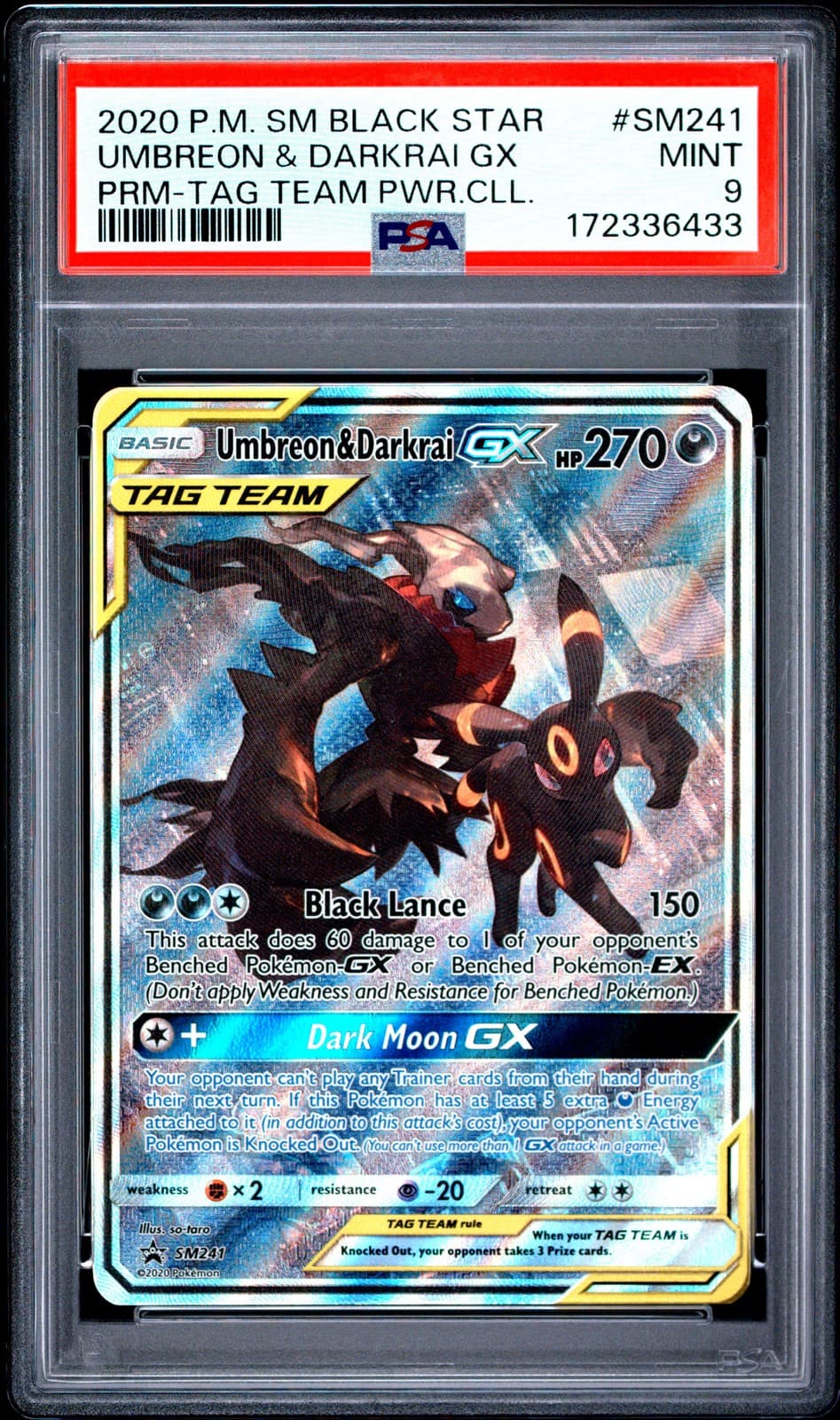 2020 POKEMON SM BLACK STAR PROMO #SM241 UMBREON & DARKRAI GX PSA 9
