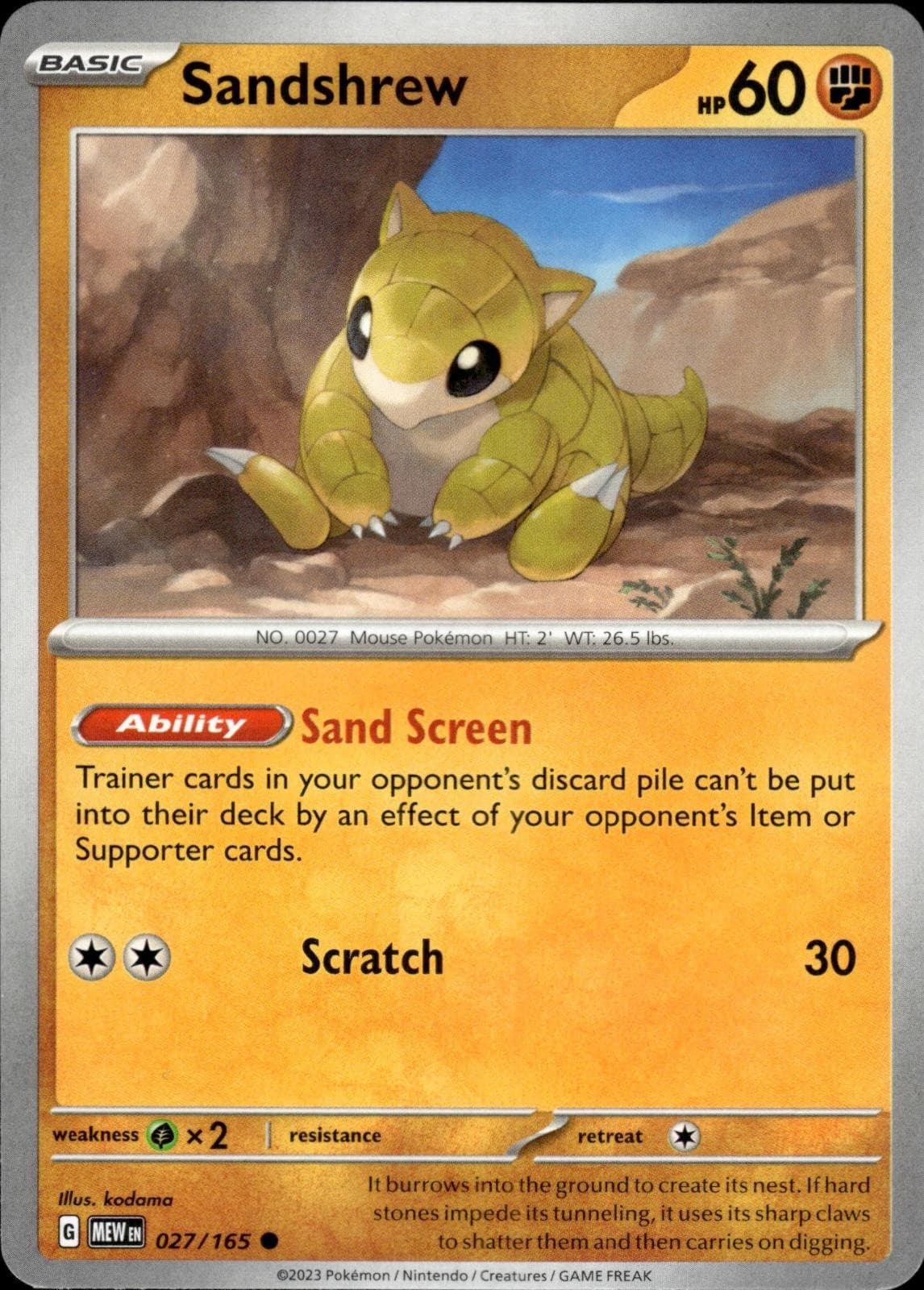 Sandshrew 027/165 Common 151 Pokemon Near Mint