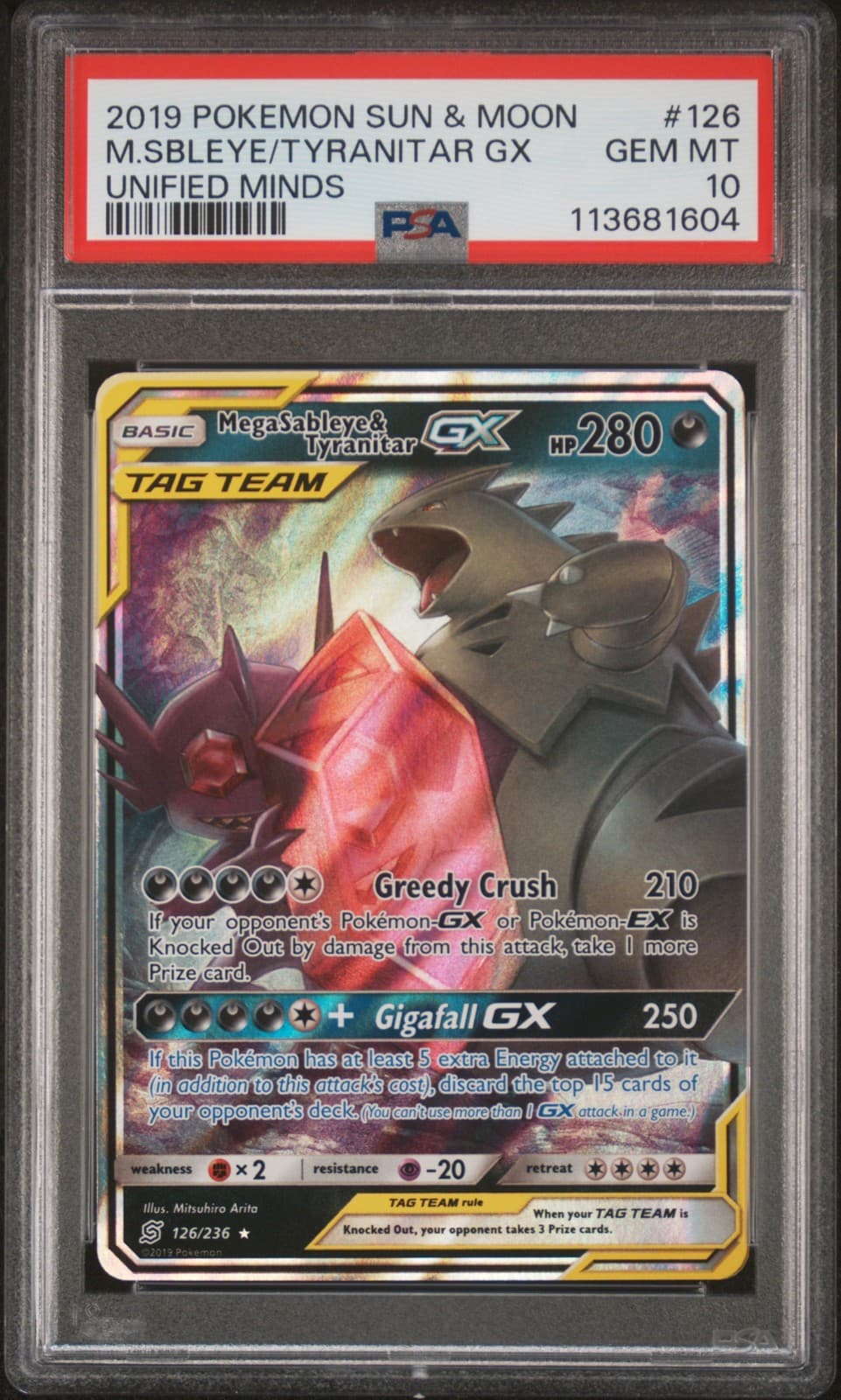 2019 POKEMON SUN & MOON UNIFIED MINDS #126 MEGA SABLEYE & TYRANITAR GX PSA 10