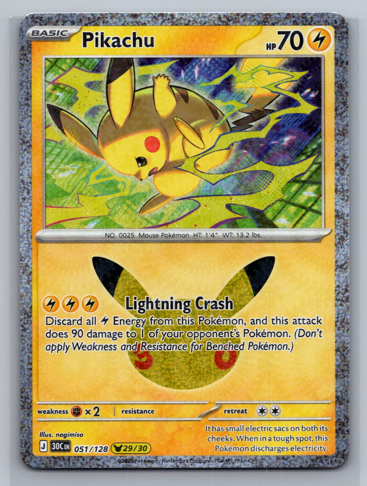Pikachu 051/128 (29/30) 30th Celebration Holo Pokemon TCG NM