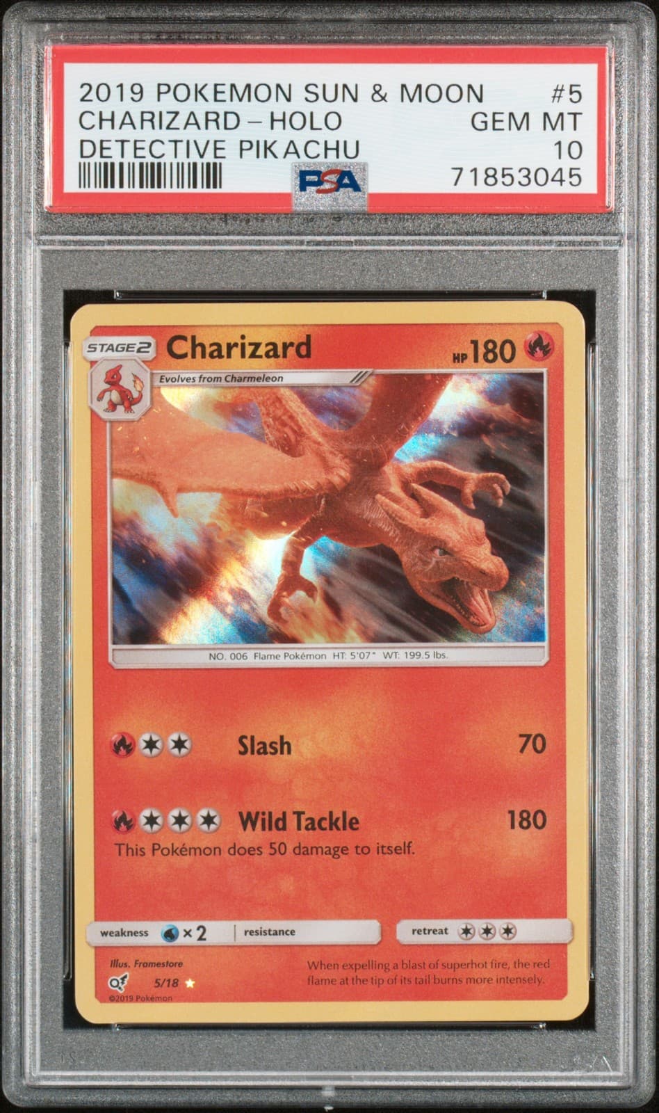 2019 POKEMON SUN & MOON DETECTIVE PIKACHU #5 CHARIZARD-HOLO PSA 10