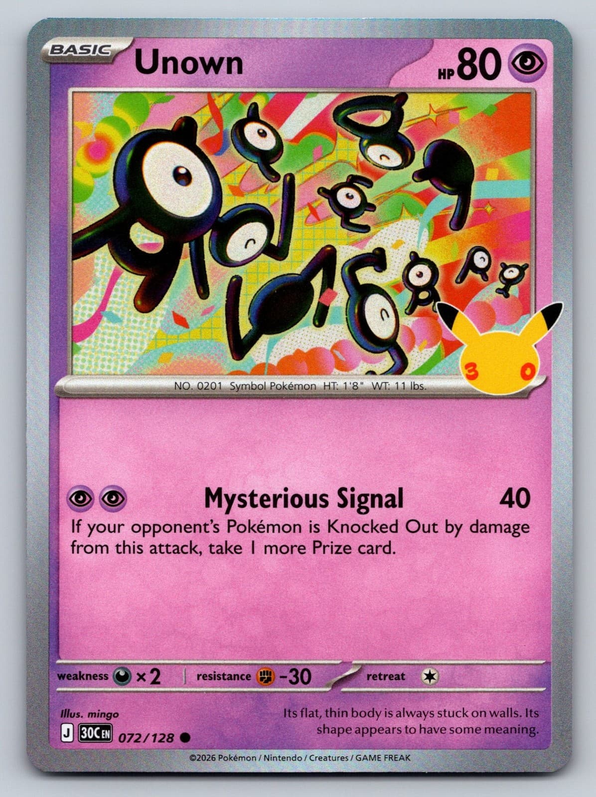 Unown 072/128 Holo Rare ME: 30th Celebration Pokemon Card - NM