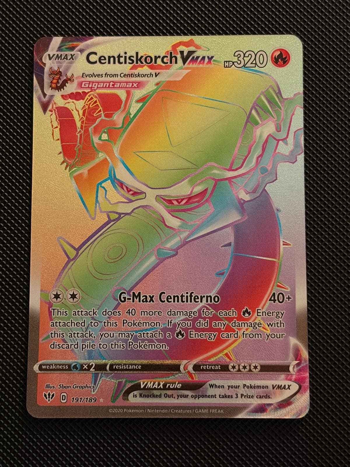 CENTISKORCH VMAX 191/189 RAINBOW RARE DARKNESS ABLAZE POKEMON HOLO NM