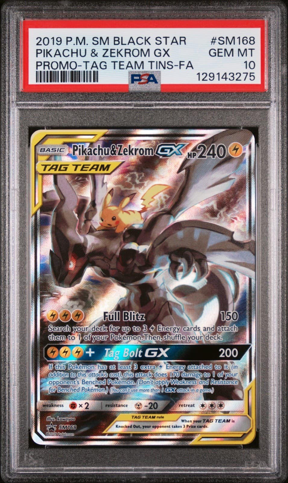 2019 POKEMON SM BLACK STAR PROMO #SM168 FULL ART PIKACHU & ZEKROM GX PSA 10