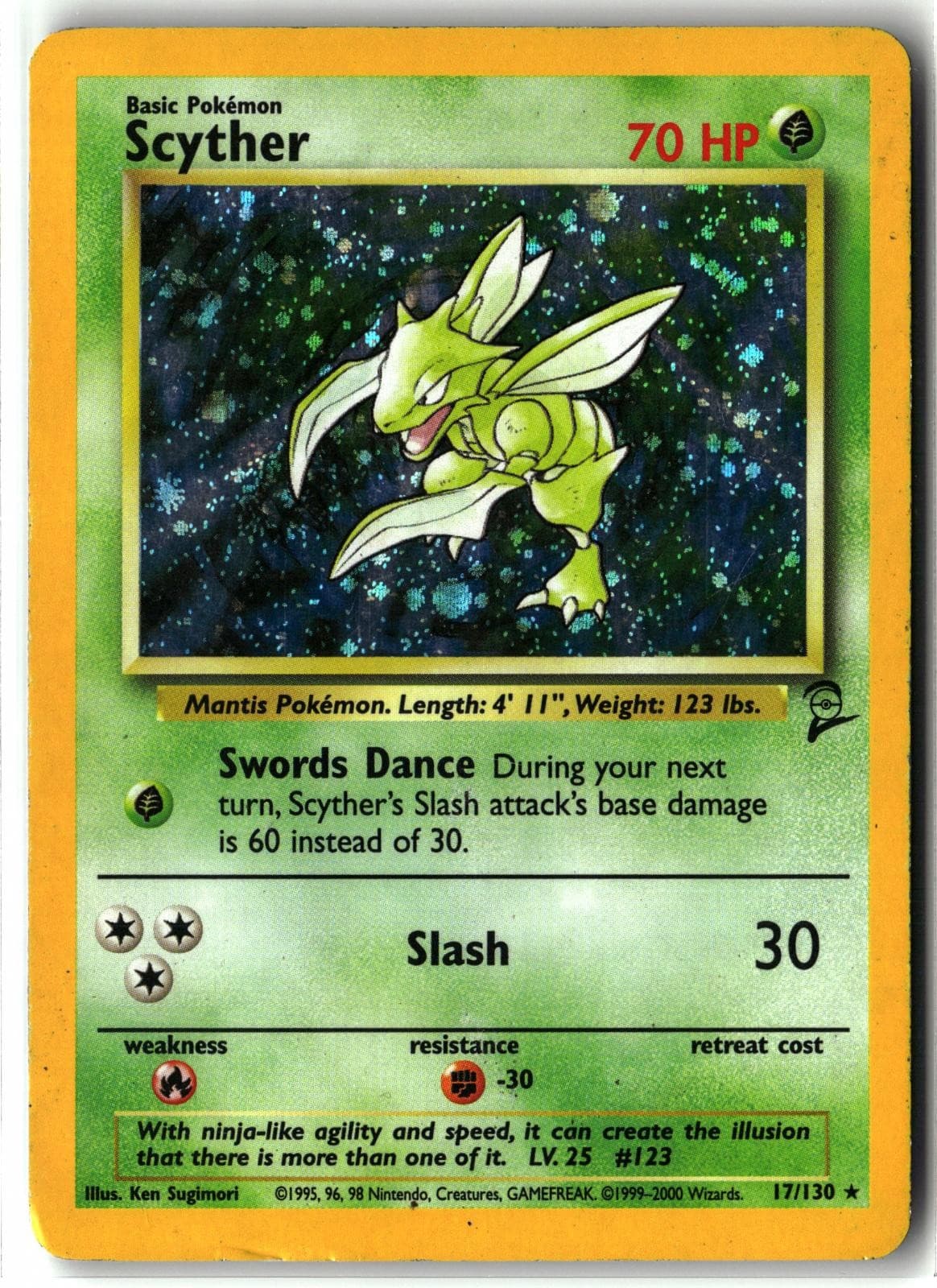 2000 Scyther ⭐️ 17/130 Holo Rare Base Set 2 WOTC Pokemon MP Front/HP Back