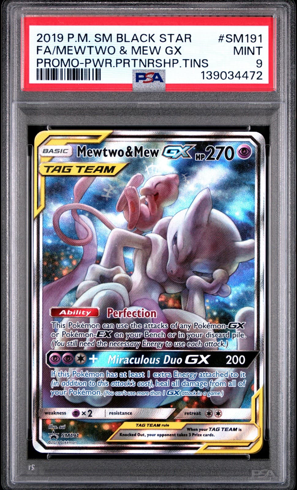 2019 POKEMON SM BLACK STAR PROMO #SM191 FULL ART/MEWTWO & MEW GX PSA 9