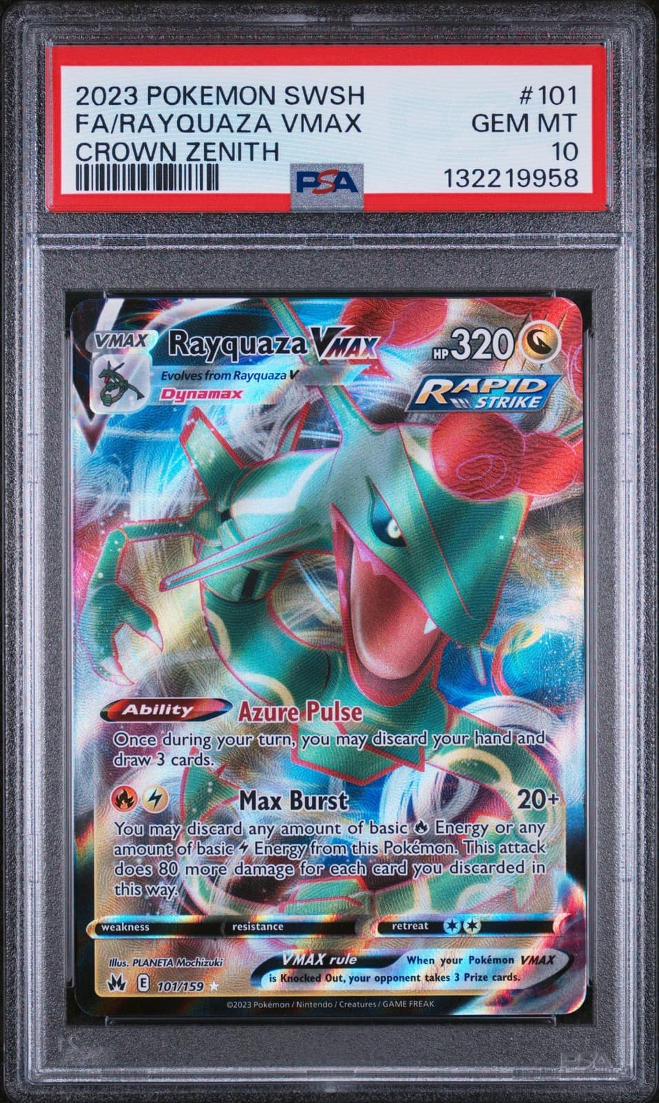 2023 POKEMON SWORD & SHIELD CROWN ZENITH #101 FULL ART/RAYQUAZA VMAX PSA 10