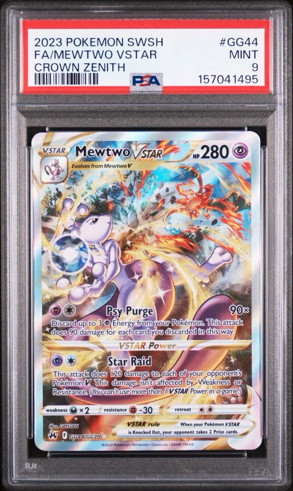 PSA 9 Mewtwo VStar GG44/GG70 Crown Zenith Alternate Art Pokemon Card FA 2023