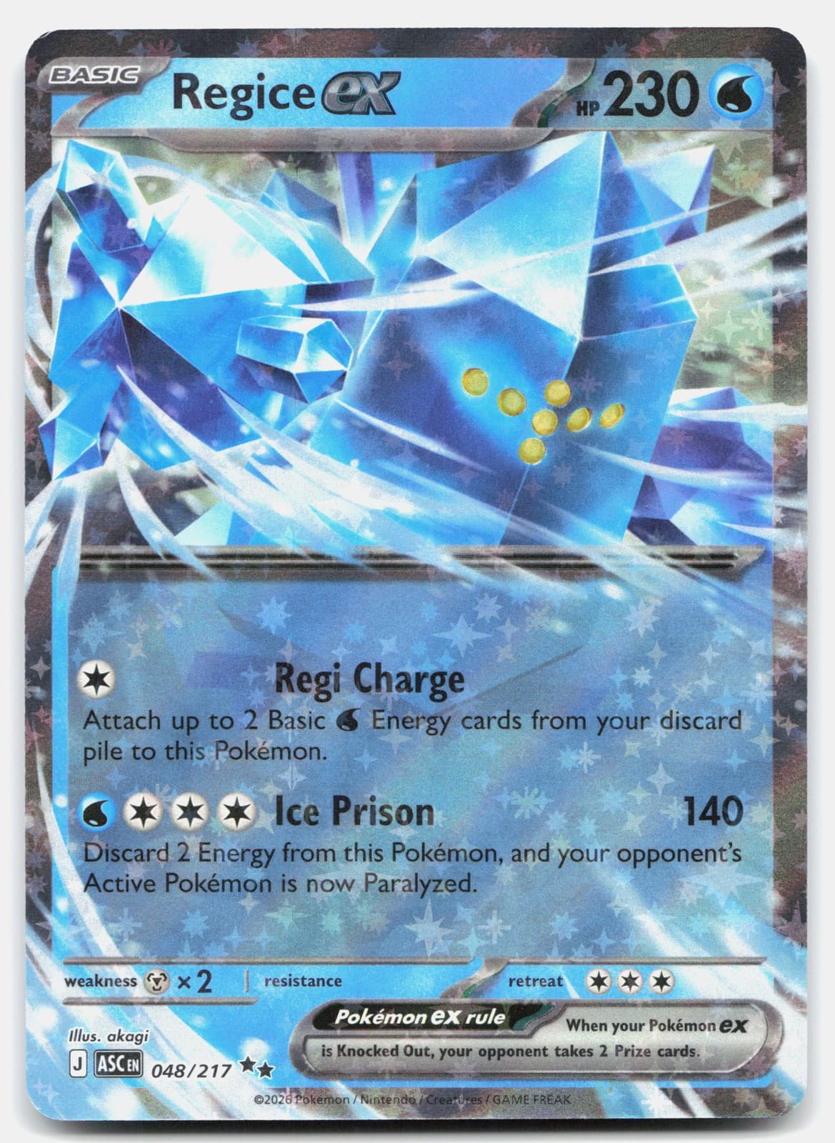 Regice ex 048/217 ME: Ascended Heroes Double Rare Holofoil Near Mint Pokemon TCG
