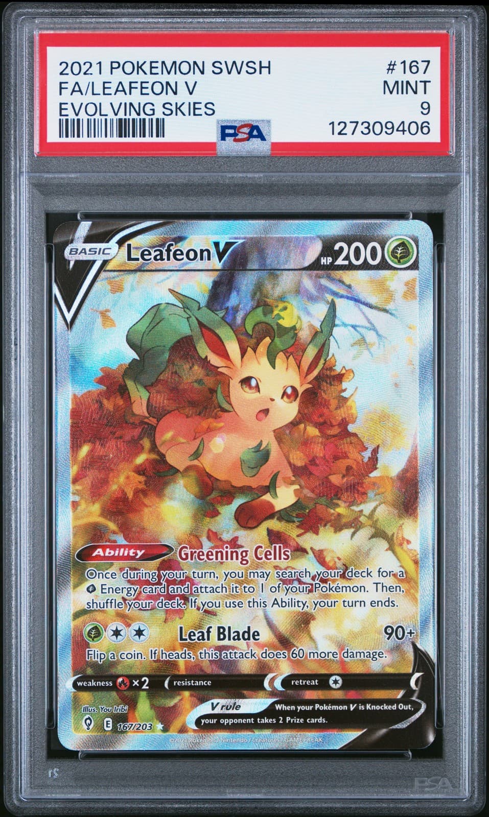 2021 POKEMON SWORD & SHIELD EVOLVING SKIES #167 FULL ART/LEAFEON V PSA 9