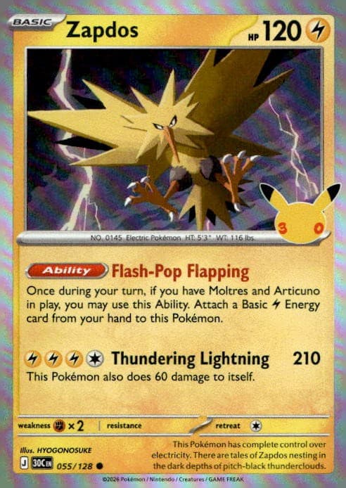 Zapdos 055/128 ME 30th Celebration Holo C NM English Pokémon