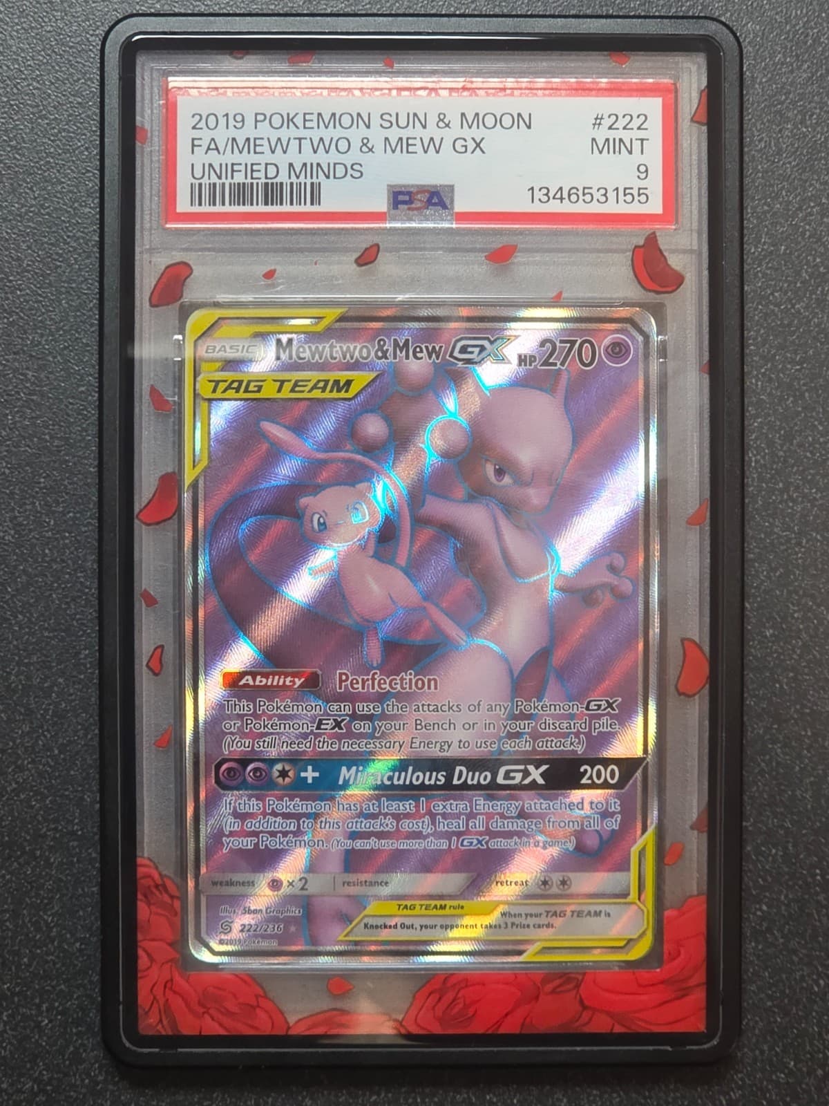 PSA 9 Mewtwo & Mew GX (Full Art) 222/236 Sm Unified Minds Pokemon Case Not Incl