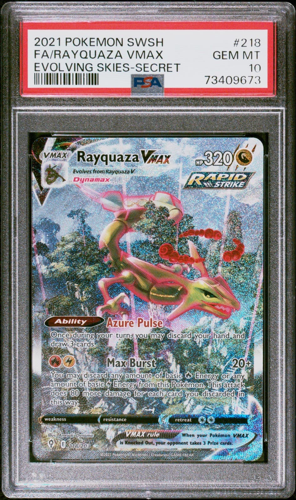 Pokemon Rayquaza Vmax Evolving Skies 218/203 Secret Rare Full Alt Art PSA 10