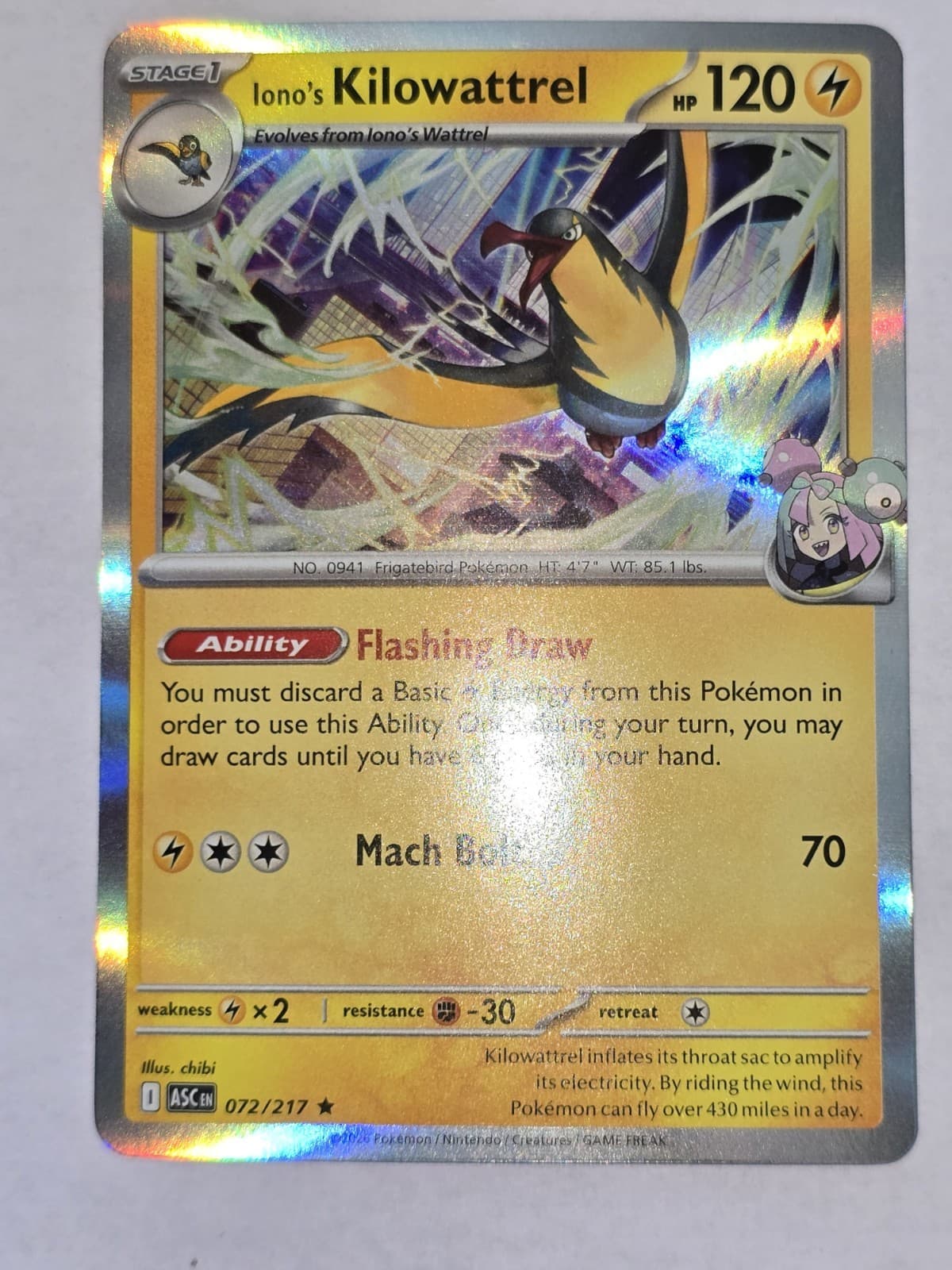 IONO'S KILOWATTREL 72/217 (Holo Rare) Pokemon TCG Ascended Heroes Pack Fresh NM