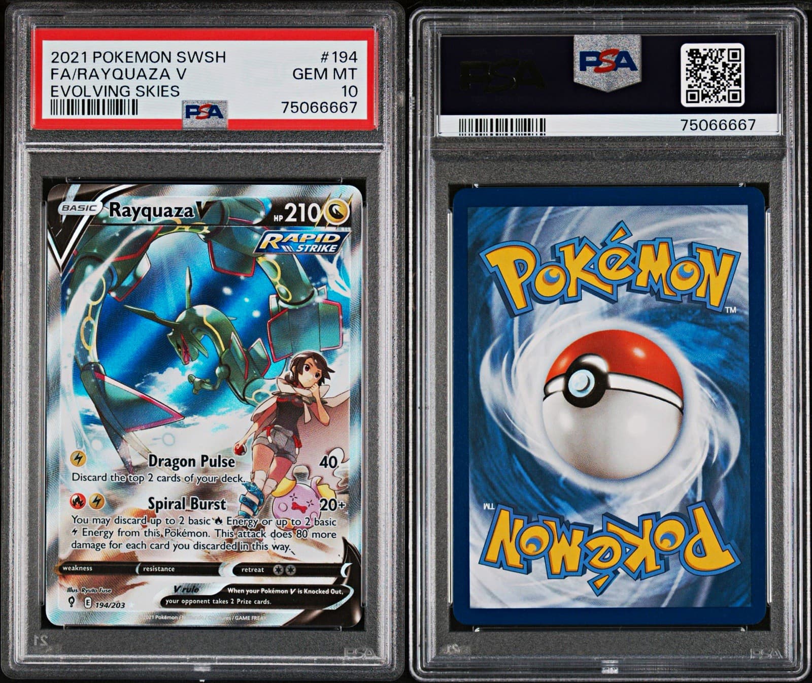 2021 Pokemon SWSH07 Evolving Skies Rayquaza V 194/203 Alt Full Art Holo PSA 10