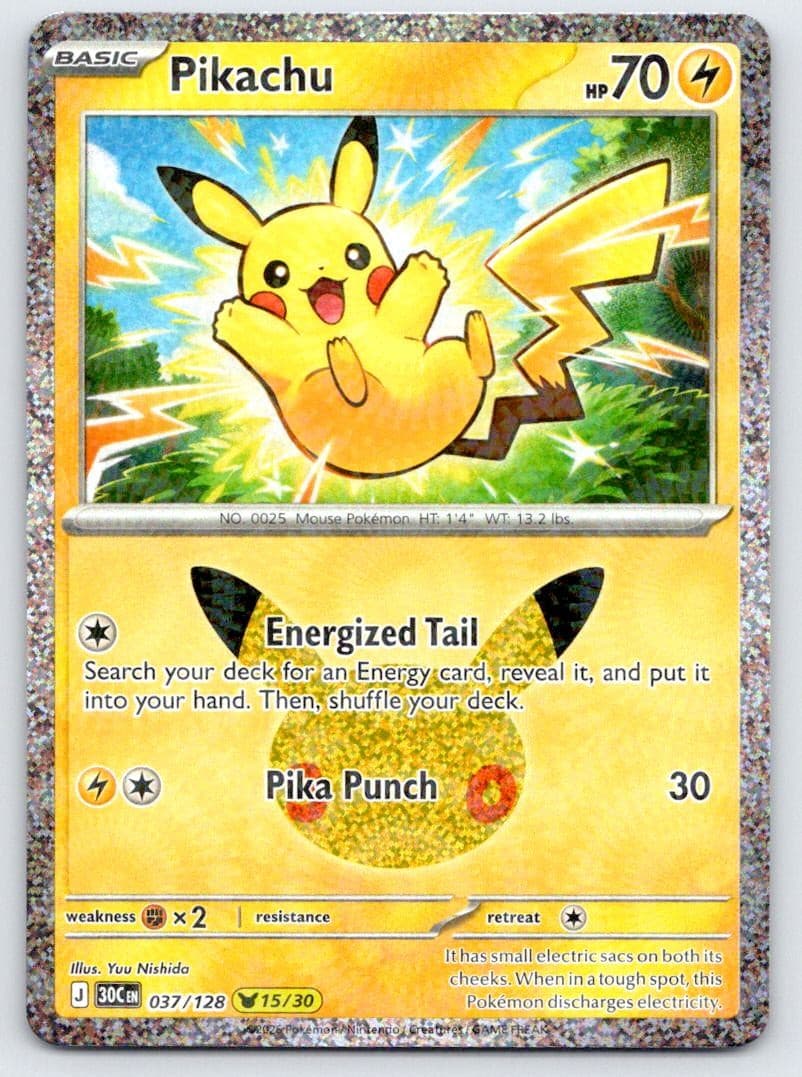Pikachu 037/128 Holo Pikachu Rare ME: 30th Celebration Pokemon Near Mint