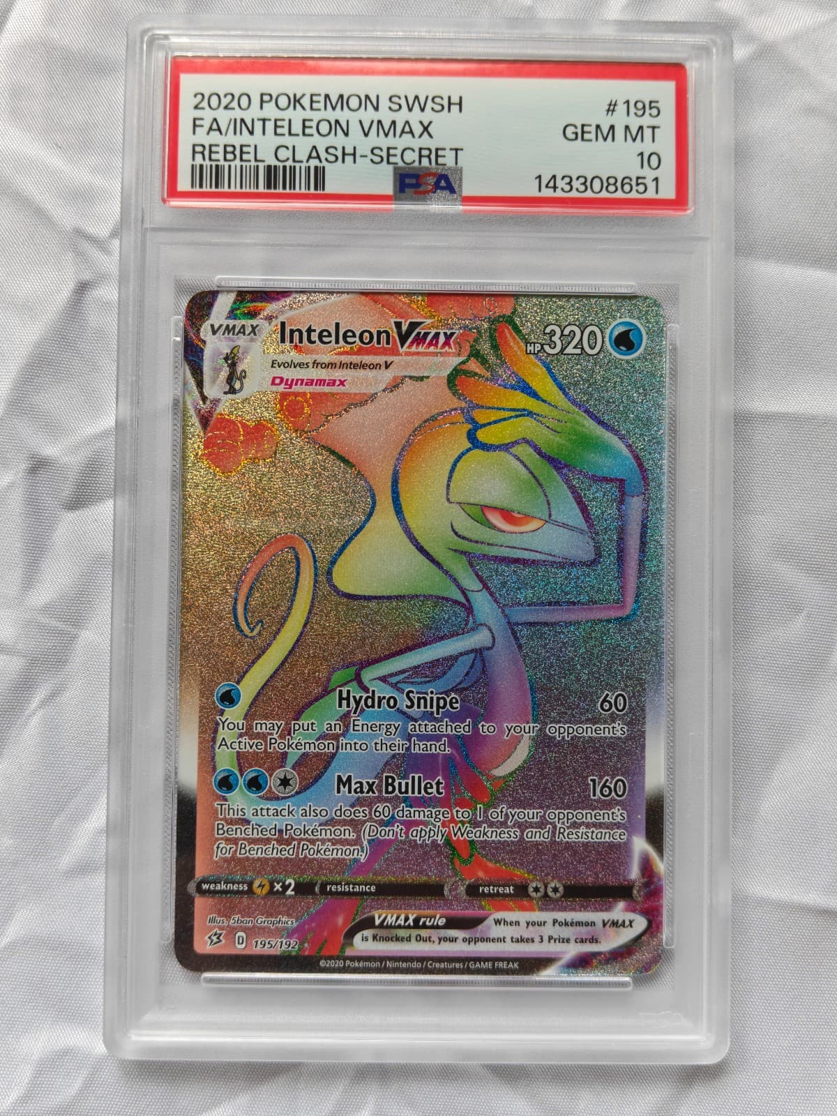 PSA 10 INTELEON VMAX 195/192 FULL ART SECRET REBEL CLASH POKEMON