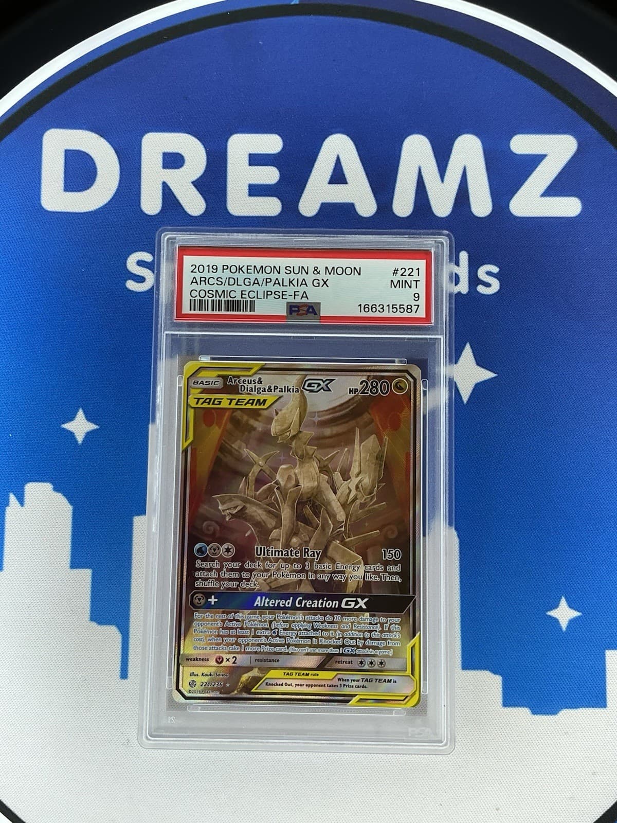 2019 Pokémon TCG Arceus & Dialga & Palkia GX 221/236 Holo Full Art PSA 9
